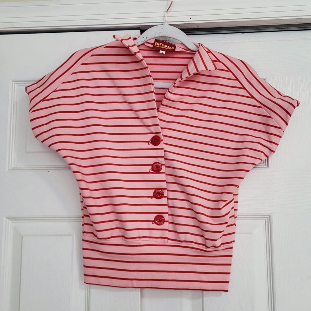 NWOT Freddies of Pinewood 1940s Jersey Dolman Sleeve Striped Top Pink Red Large